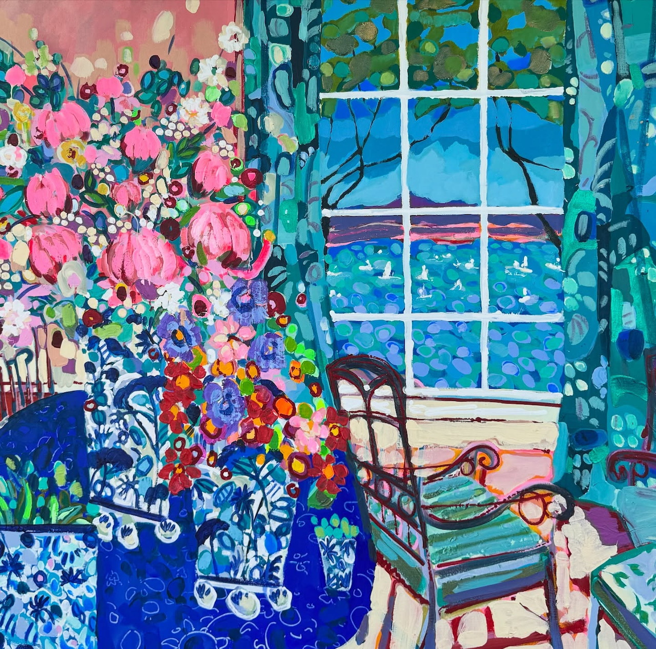 Colorful painting of room interior with pink flowers in vase, blue patterned curtains, window, and turquoise chair
