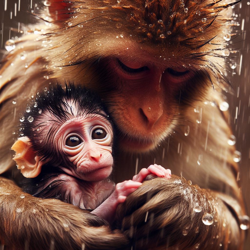 Close-up of baby monkey with big eyes being held by adult monkey in warm lighting