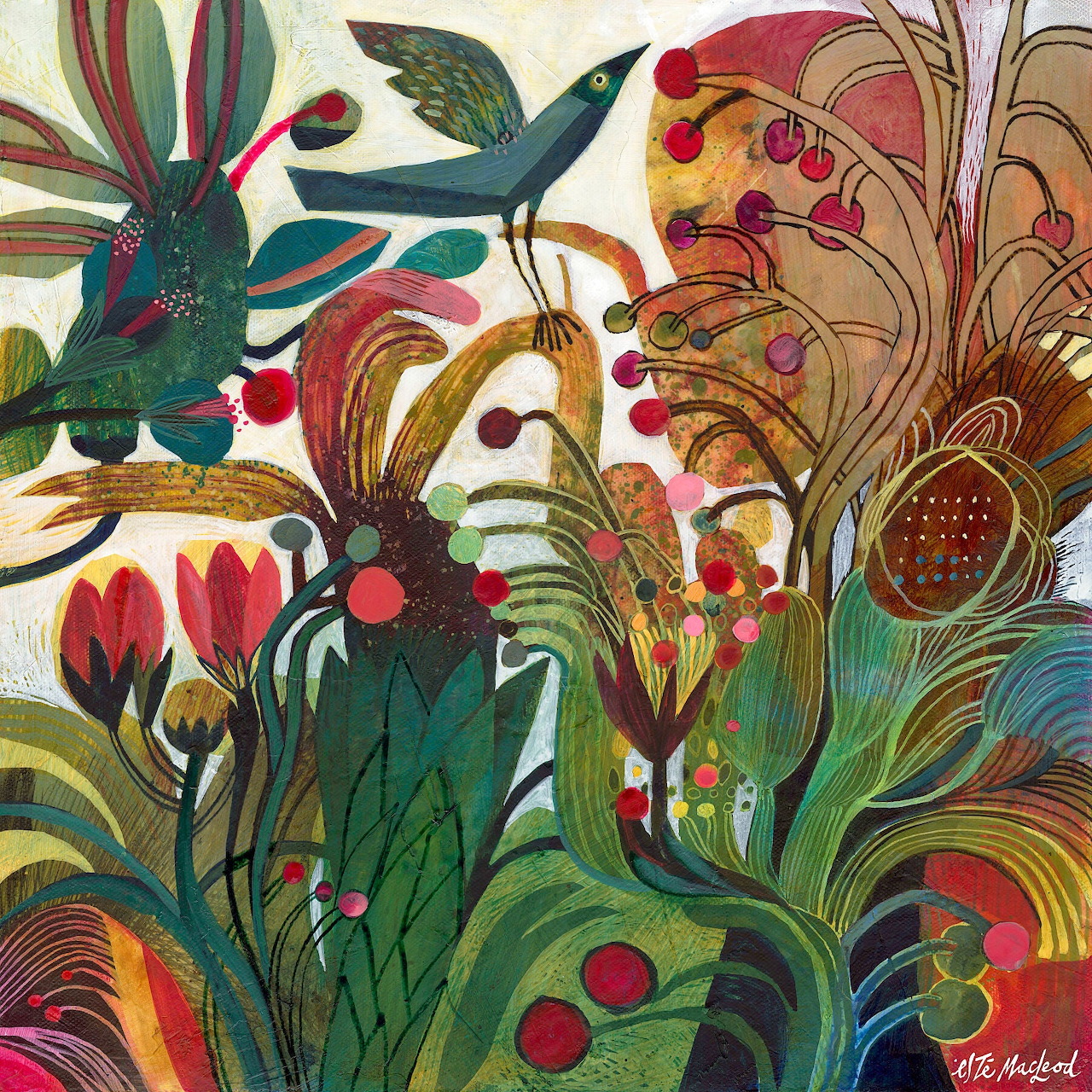 Whimsical Bird Garden Illustration