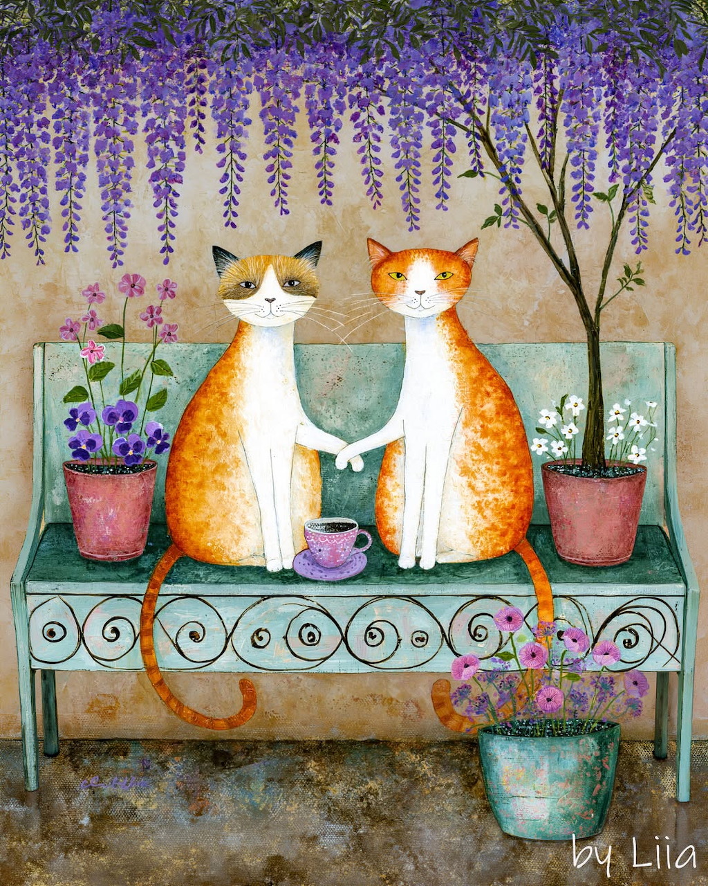 Illustrated pair of orange and white cats sitting on a decorative green bench with flowers and wisteria