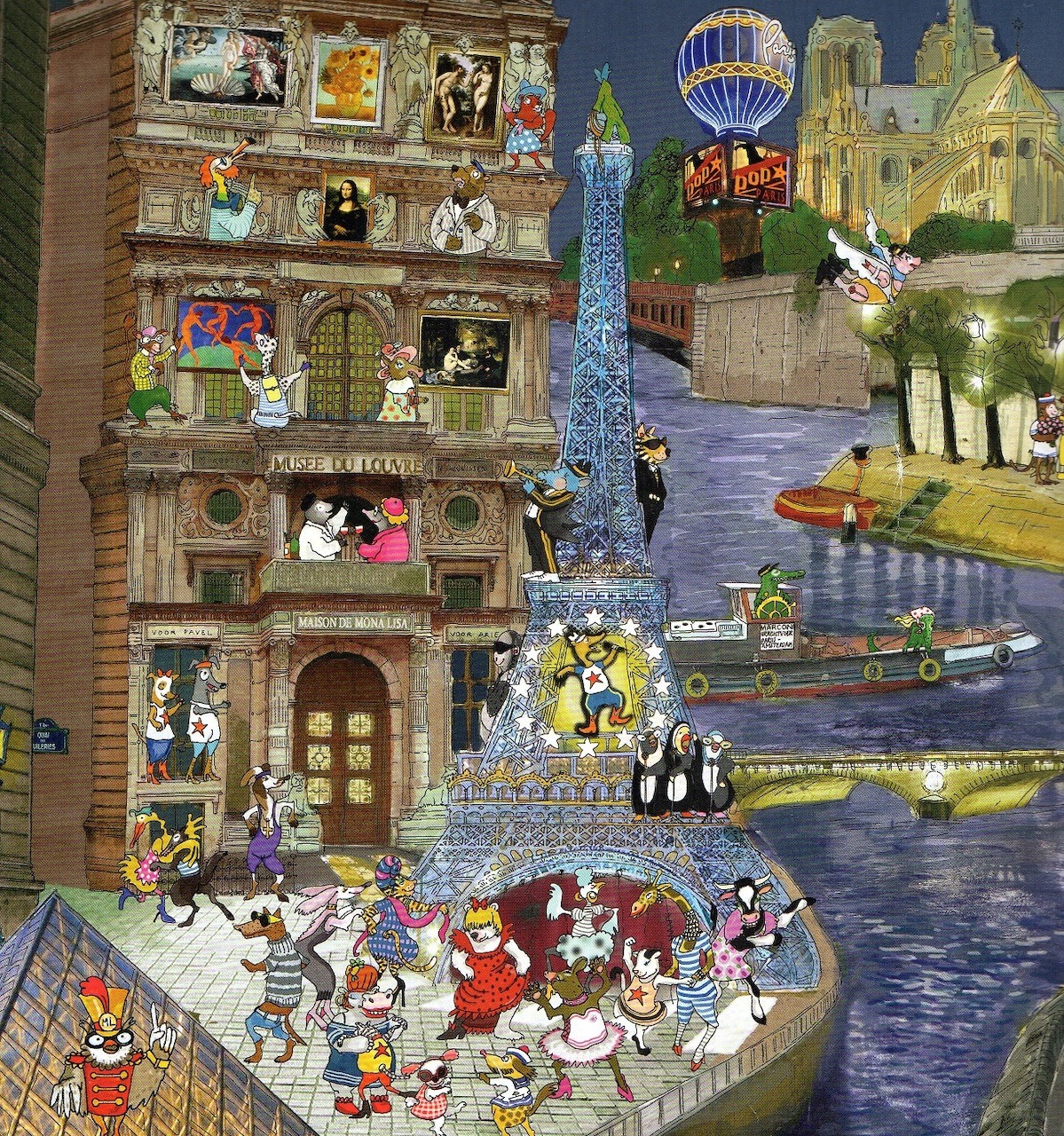 Colorful cartoon Paris scene with Eiffel Tower, apartment building, river, and animated characters on terrace