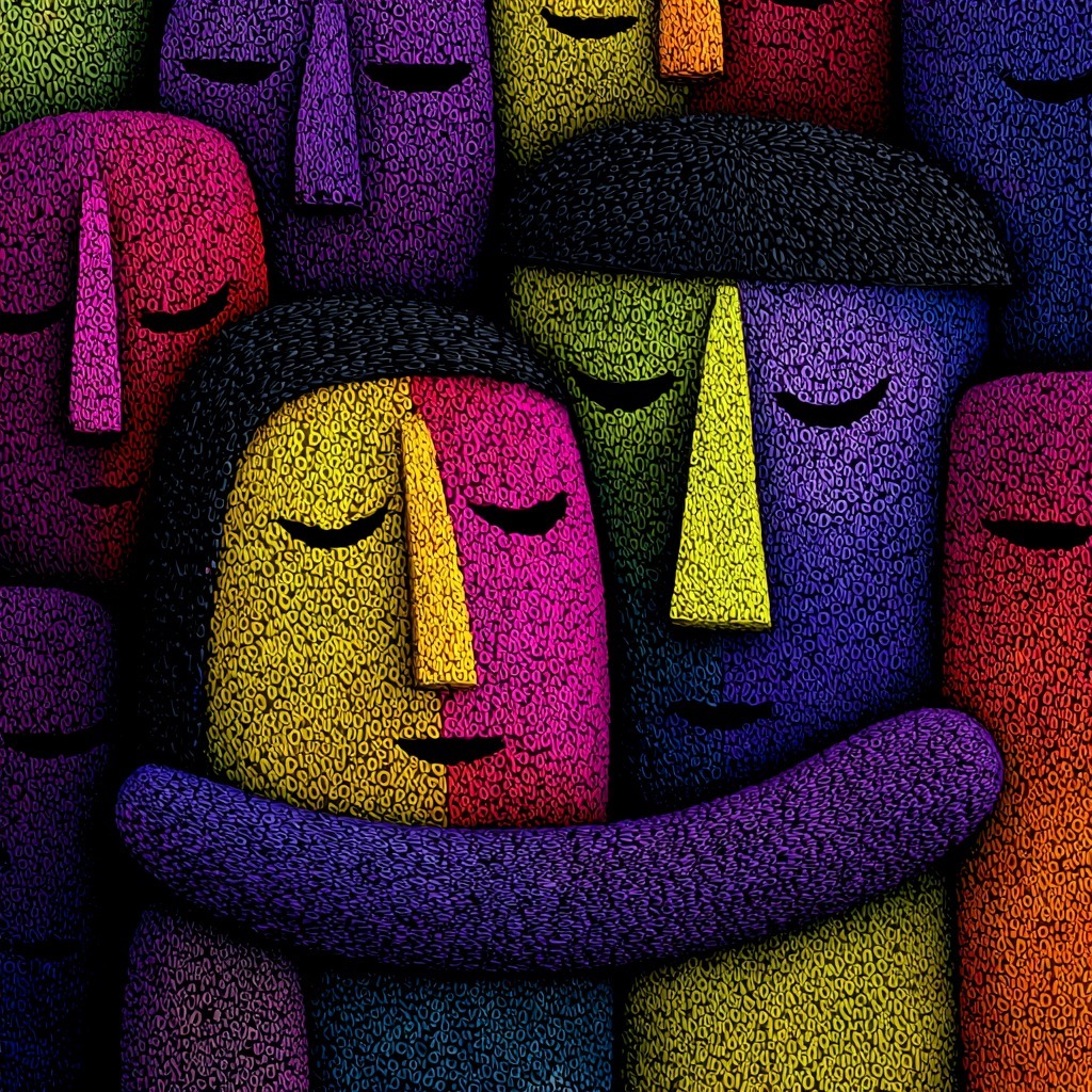 Abstract art showing colorful geometric faces embracing with closed eyes in vibrant hues