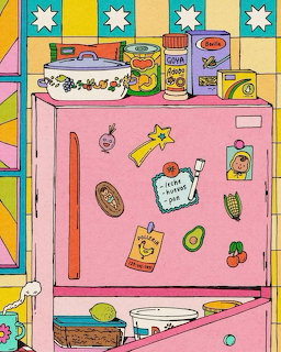 Colorful cartoon illustration of a pink vintage fridge with magnets and kitchen items on a patterned background