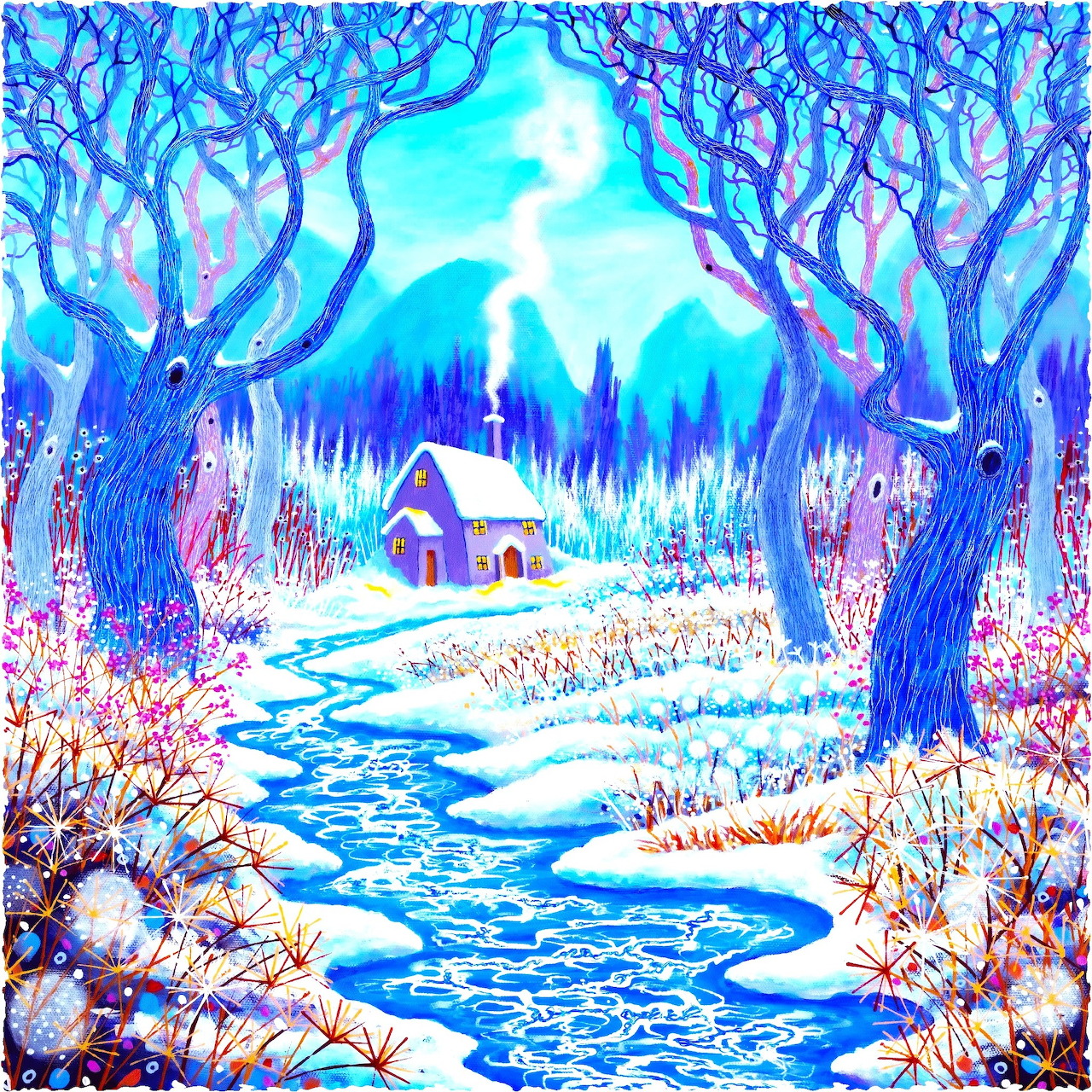 Winter Cottage Snowy Path Scene