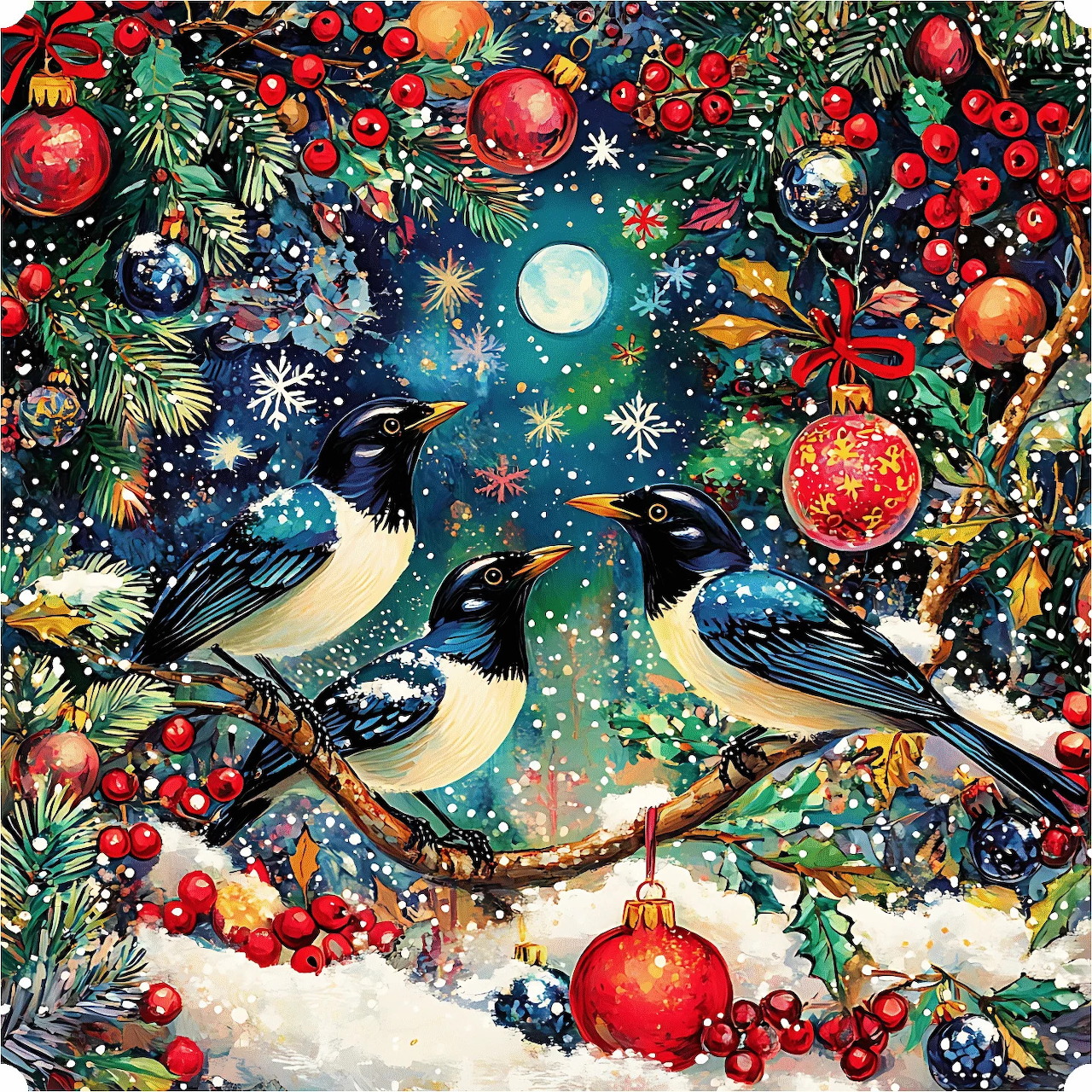 Three magpies on snowy branches with holly berries and Christmas ornaments