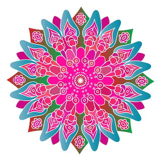 Pink and blue floral mandala pattern on a white background