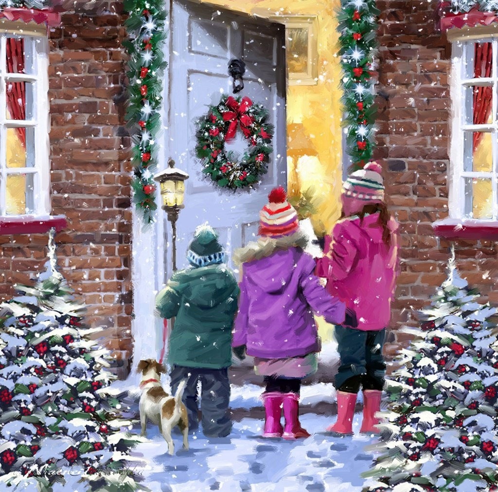 Painting of three children and a small dog at a snowy front door with a Christmas wreath