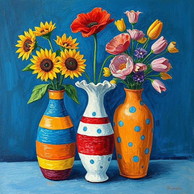 Three decorative vases with sunflowers, tulips and poppies on blue background