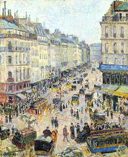 Impressionist painting of busy Parisian street with crowds, horse carriages, and multi-story buildings