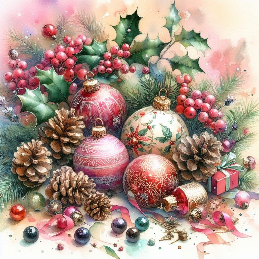 Christmas ornaments with holly, pine cones, and berries in pink and red tones
