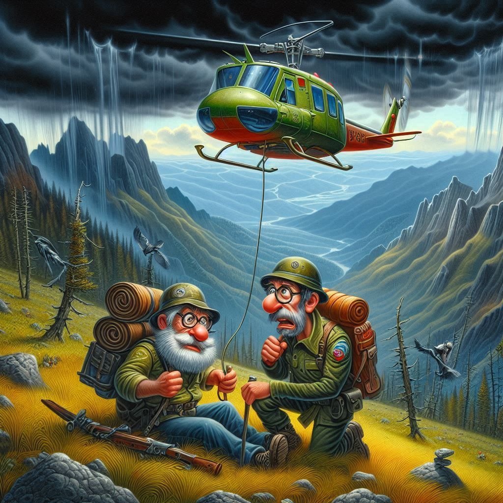 Yellow and red rescue helicopter lowering rope to two hikers sitting on mountain terrain under stormy sky