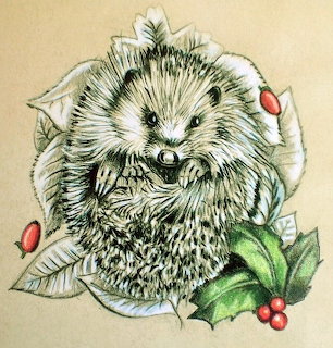 Illustration of a hedgehog with holly leaves and red berries on a beige background