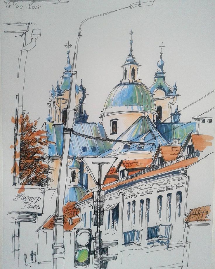 Watercolor sketch of historic city buildings with a church dome and blue roofs