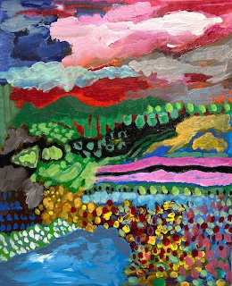 Abstract landscape painting with pink clouds, green hills, rainbow striped field, blue river, and colorful wildflower meadow