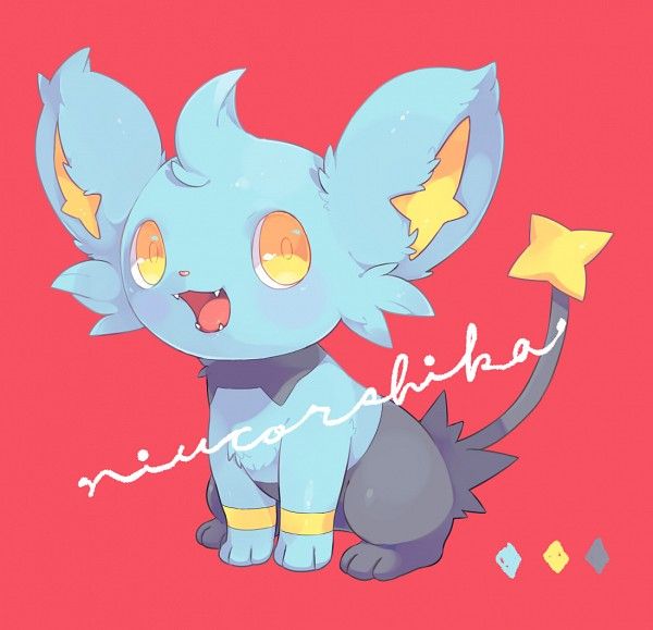 Illustration of blue Shinx Pokemon with large ears and star on pink background