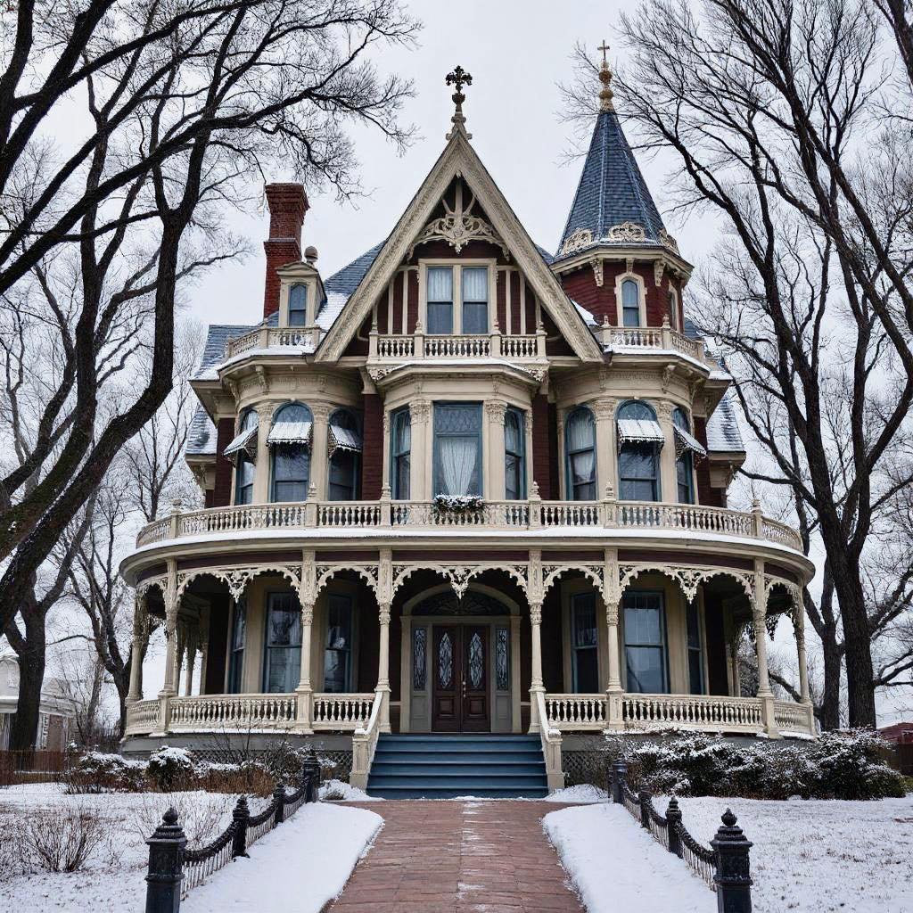 Grand Victorian house with turrets and ornate details surrounded by snow and bare winter trees