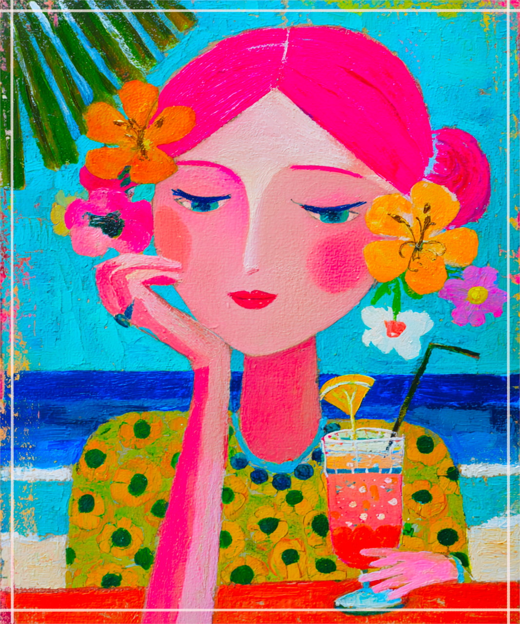 Colorful illustration of a pink-haired woman holding a tropical drink by the sea