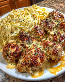 White plate with creamy pasta and browned cheesy chicken pieces topped with herbs.