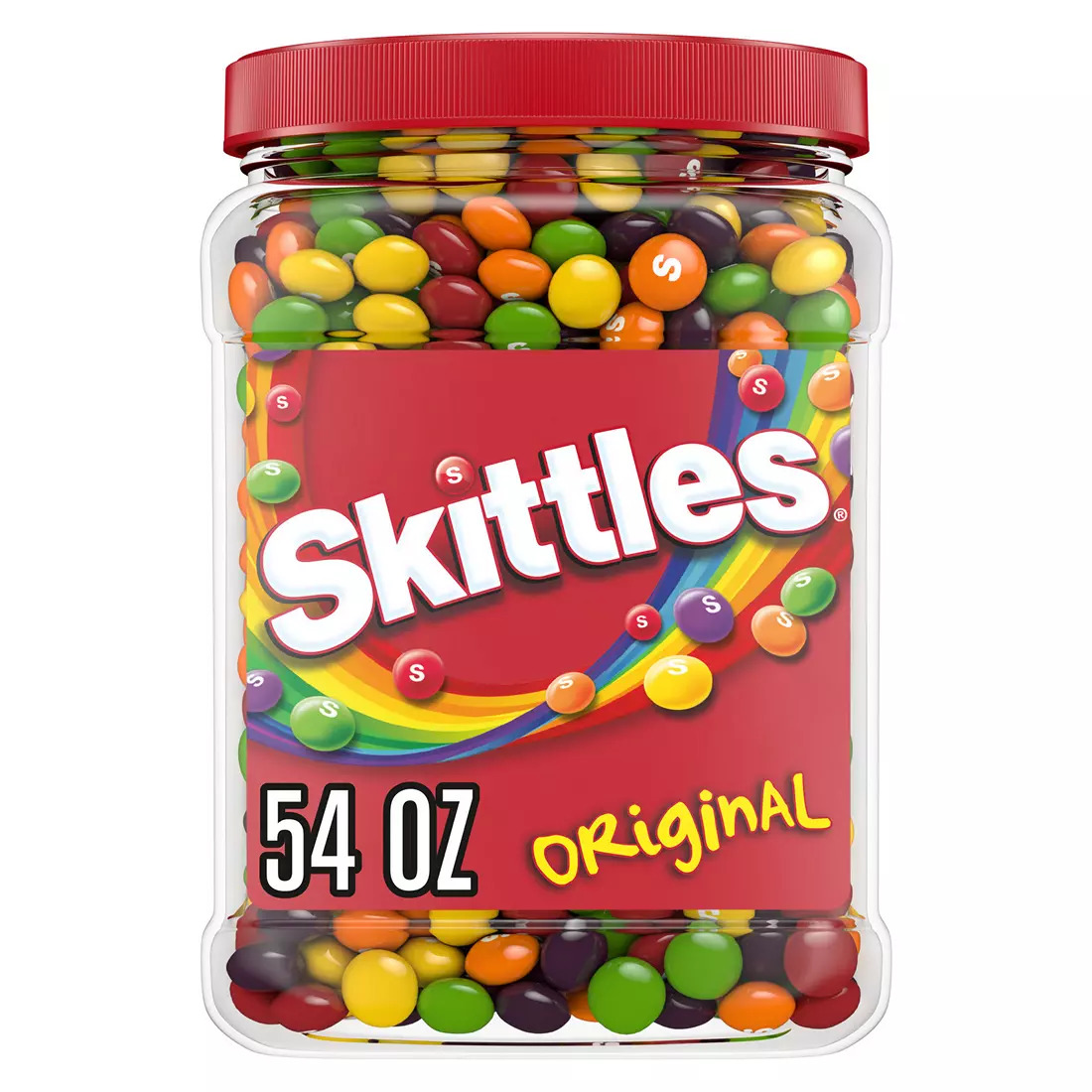 Transparent jar of colorful Skittles candy with red lid and label showing rainbow candies inside