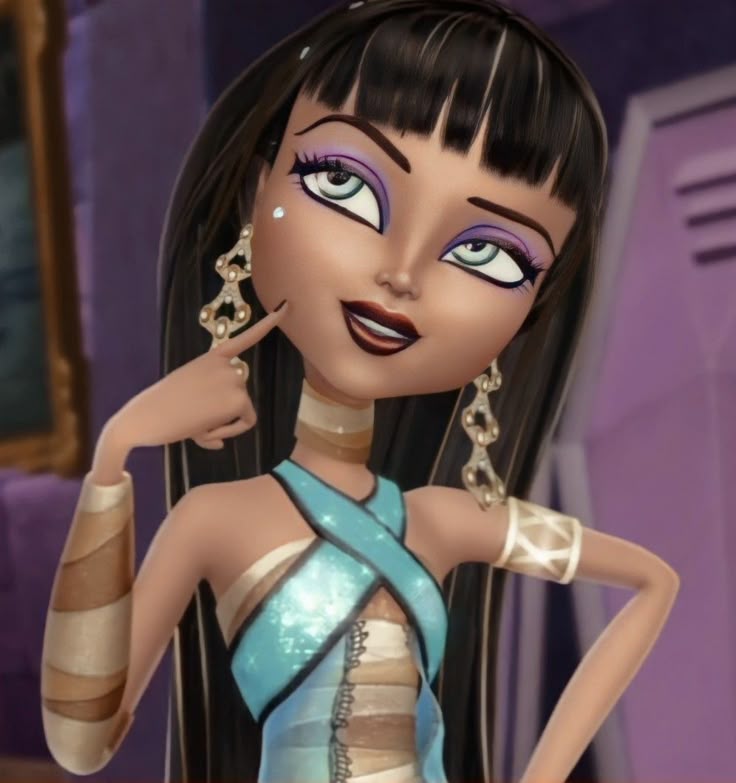 Monster High animated character Cleo de Nile with black hair, purple eyeshadow, and teal crossover top