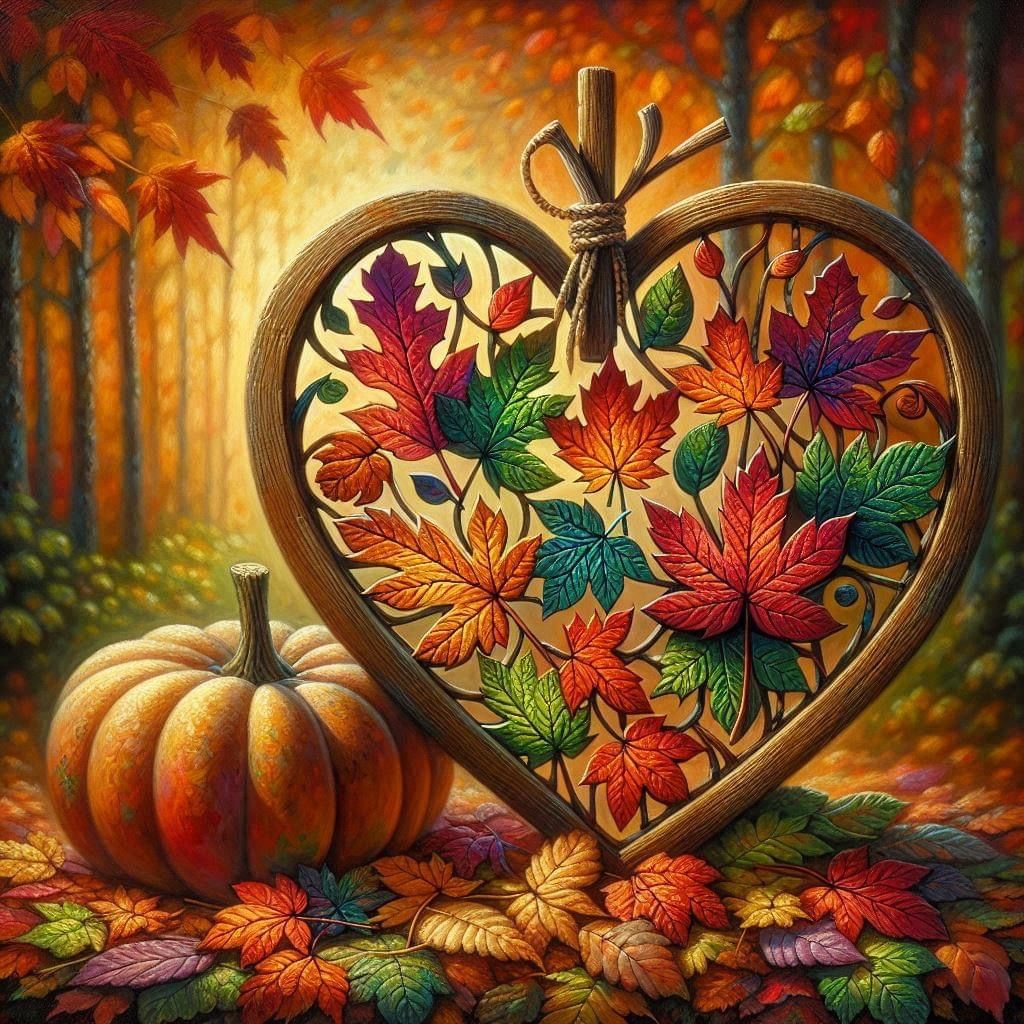 Heart-shaped wooden frame with colorful fall leaves next to a pumpkin in an autumn forest