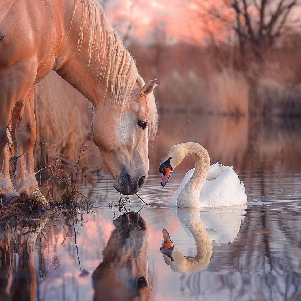 Palomino horse and white swan touching noses at a calm pond during sunset