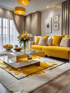 Modern living room with yellow sofa, glass coffee table, flowers, and patterned rug