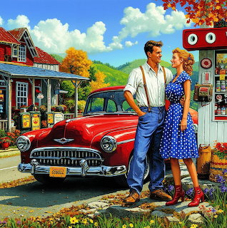 Vintage Couple Red Car