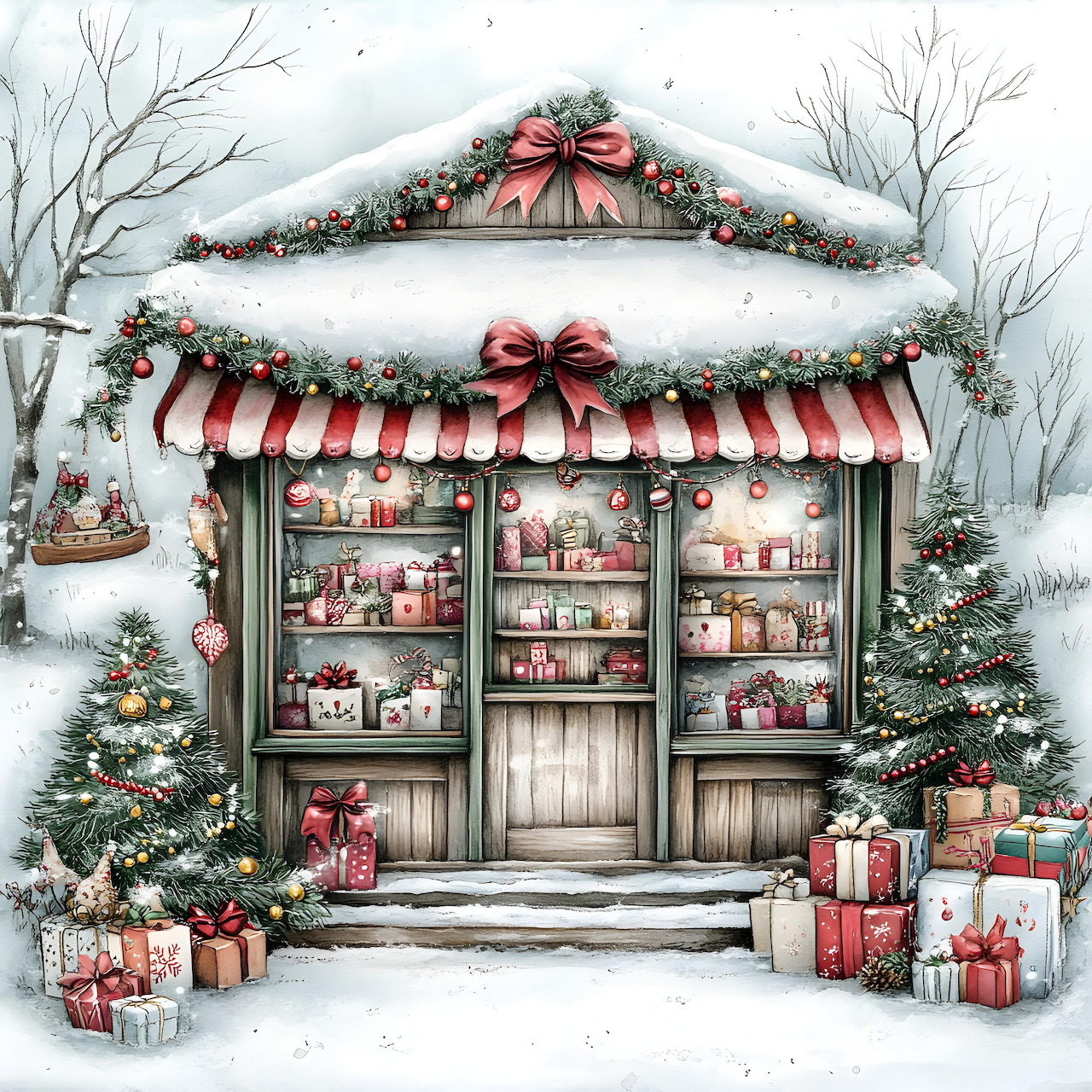Snow-covered Christmas shop storefront with red striped awning, garland, bows, gift boxes, and winter trees