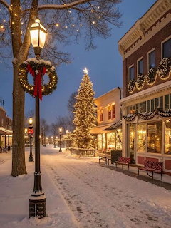 Snowy small town street at dusk with lit Christmas tree and holiday decorations on lamp post