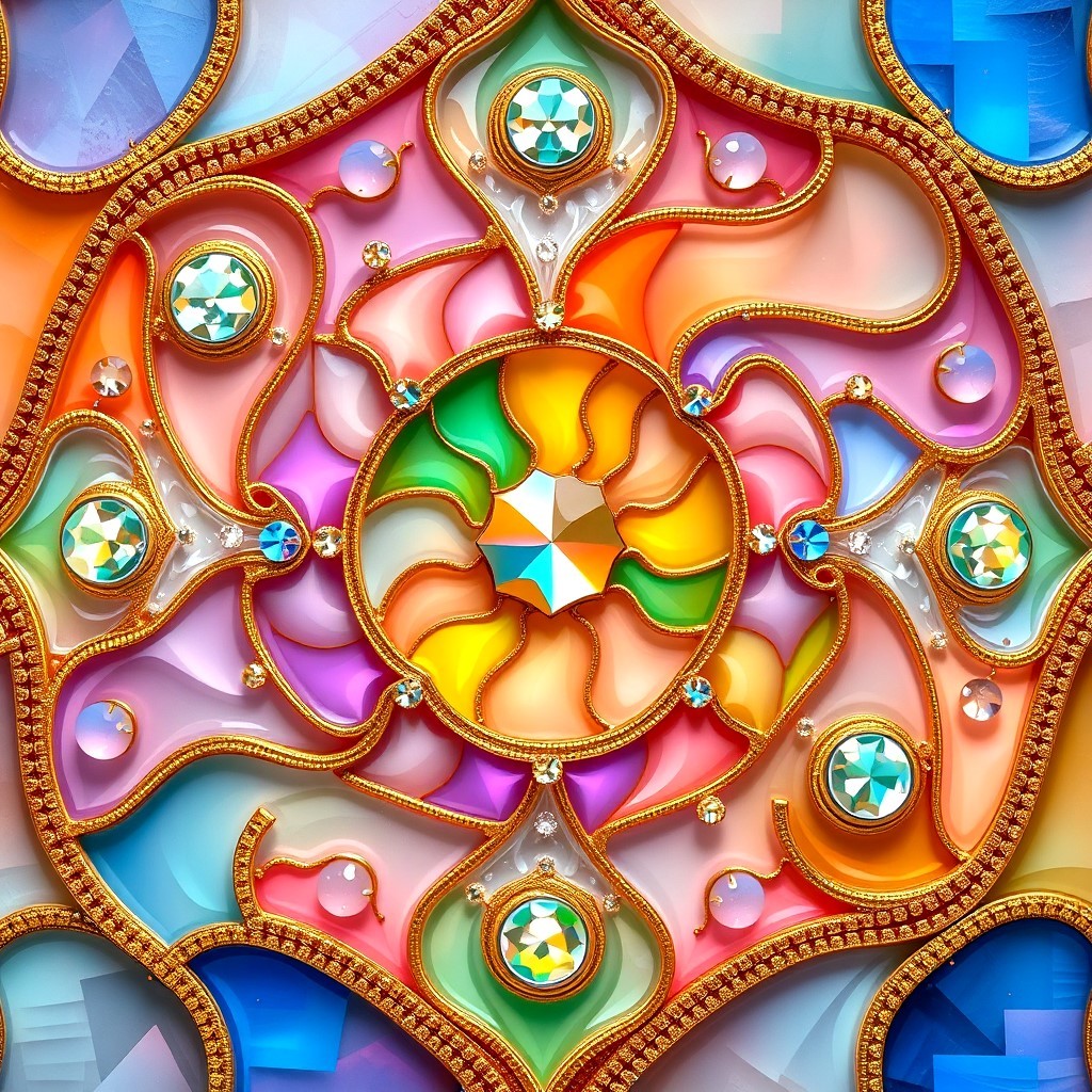 Colorful mandala with rainbow spiral center, gold ornamental frames, turquoise gems and pink pearls