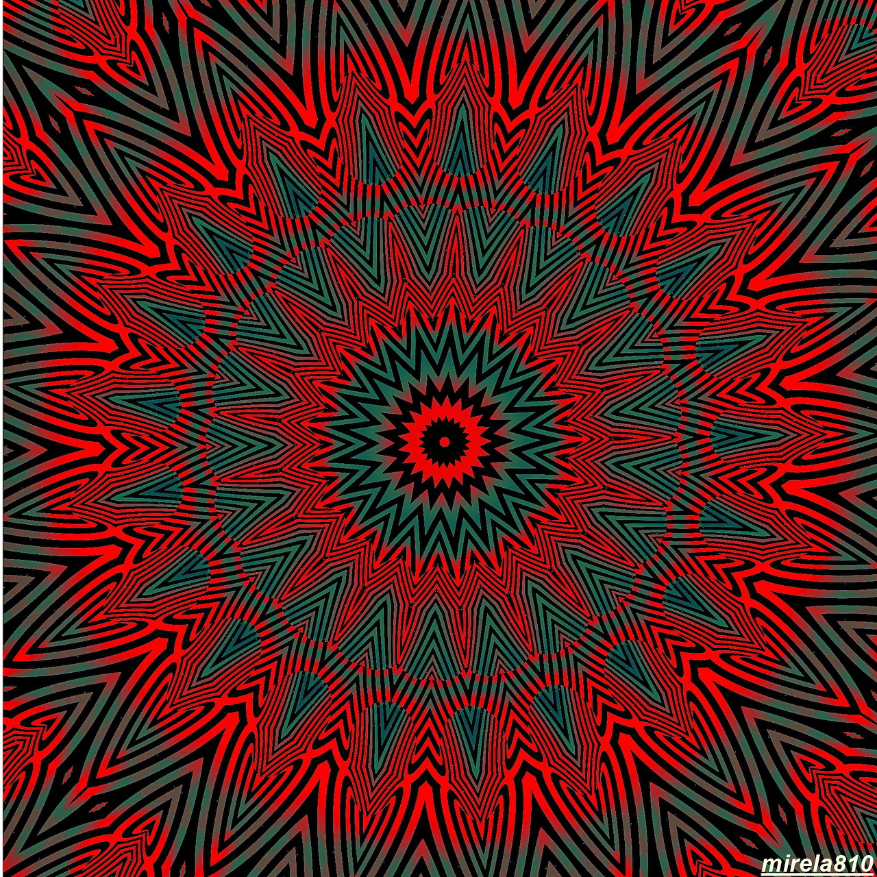Geometric mandala with red and black zigzag patterns radiating from center in concentric circles