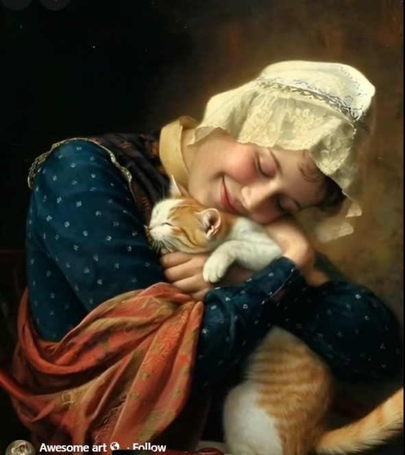 Vintage painting of a smiling girl in a bonnet hugging an orange-and-white cat