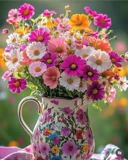 Bouquet of multicolored cosmos flowers in an ornate pitcher with floral pattern
