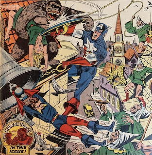 Retro comic book art depicting superheroes fighting villains in chaotic city scene