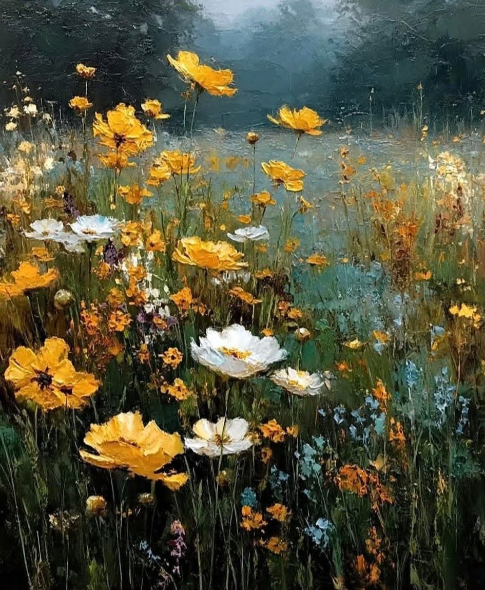 Impressionistic painting of a meadow filled with yellow, white, and orange wildflowers