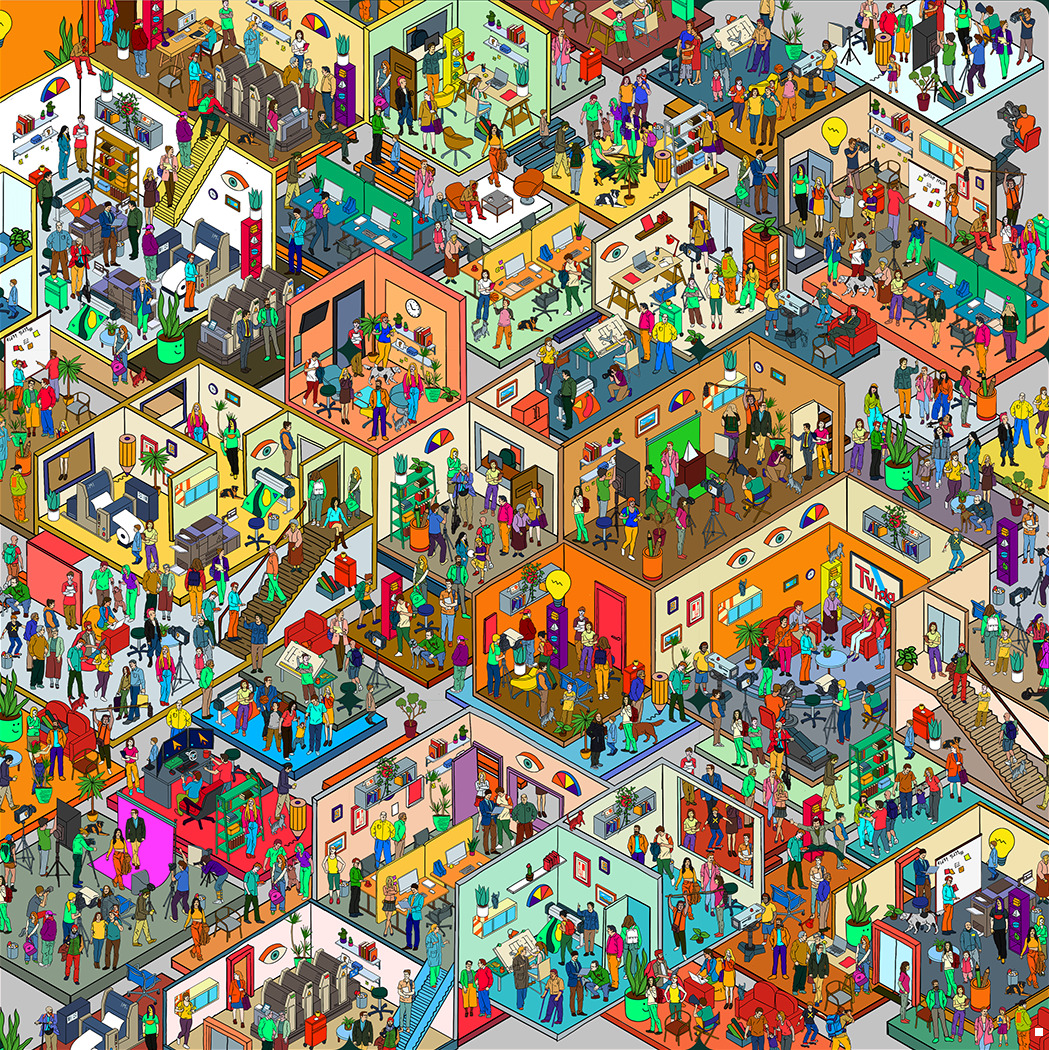 Vibrant isometric illustration of a busy university campus with many rooms and students in various activities
