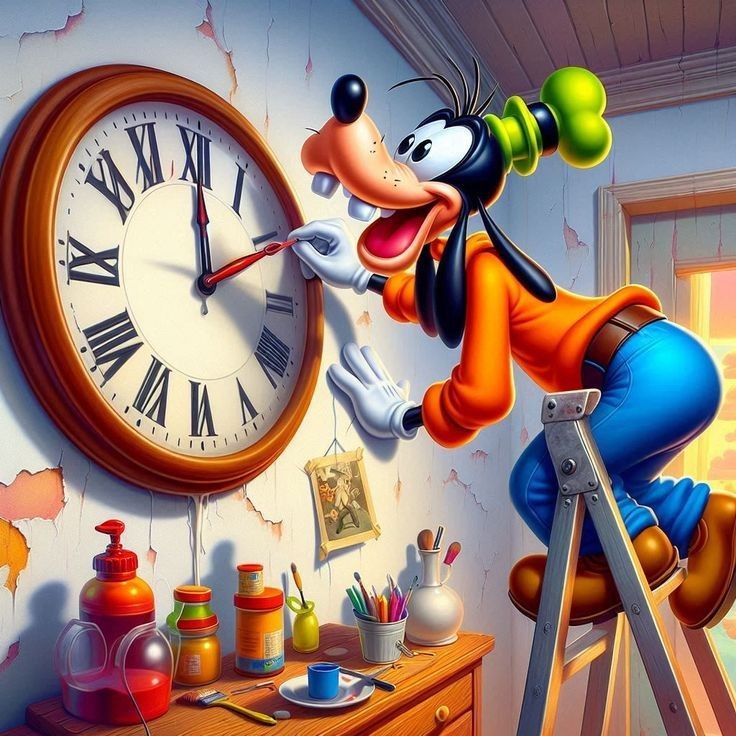 Goofy cartoon character dangling from clock hands in artist workshop