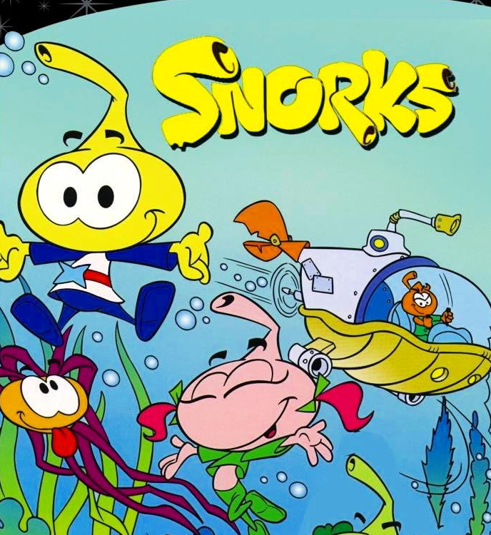 Snorks cartoon characters in an underwater scene with submarine, seaweed, and bubbles