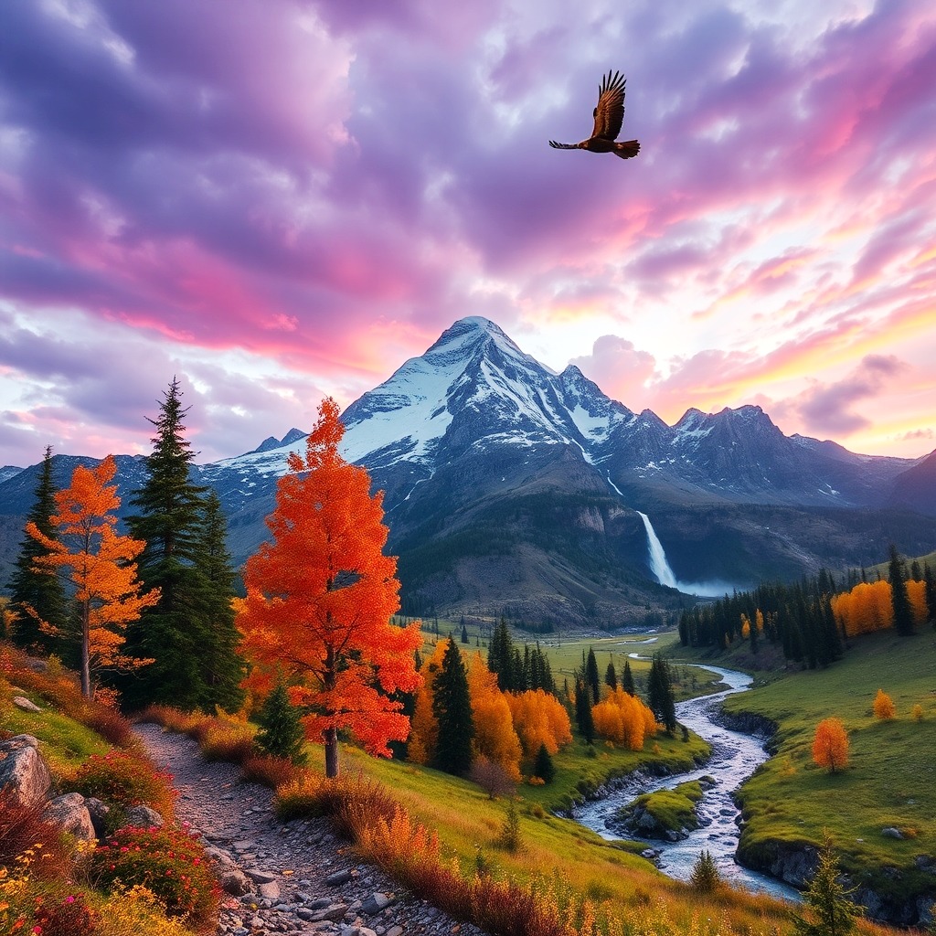 Mountain landscape with autumn trees, river valley, and pink sunset sky with flying eagle