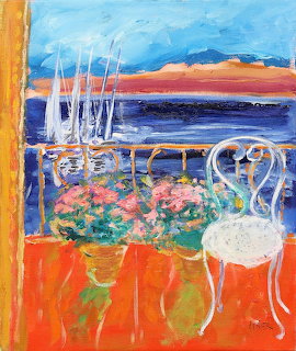 Colorful painting of a white iron chair on a seaside terrace with flowers and sailboats in the harbor