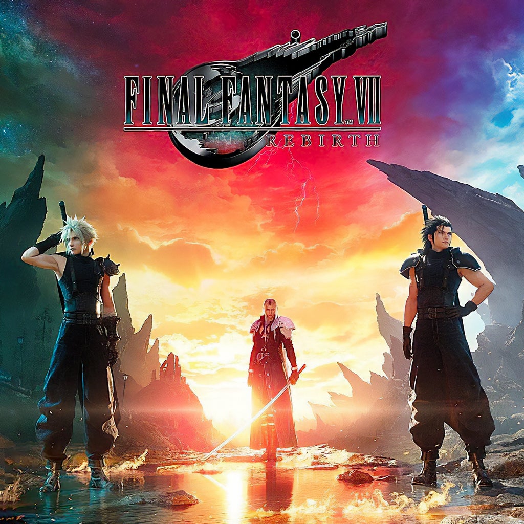 Final Fantasy VII Rebirth cover art showing three characters silhouetted against colorful sky with fantasy city