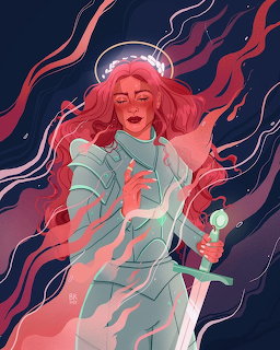 Illustrated female warrior in silver armor holding a glowing sword, with pink hair and a halo, amid swirling red mist
