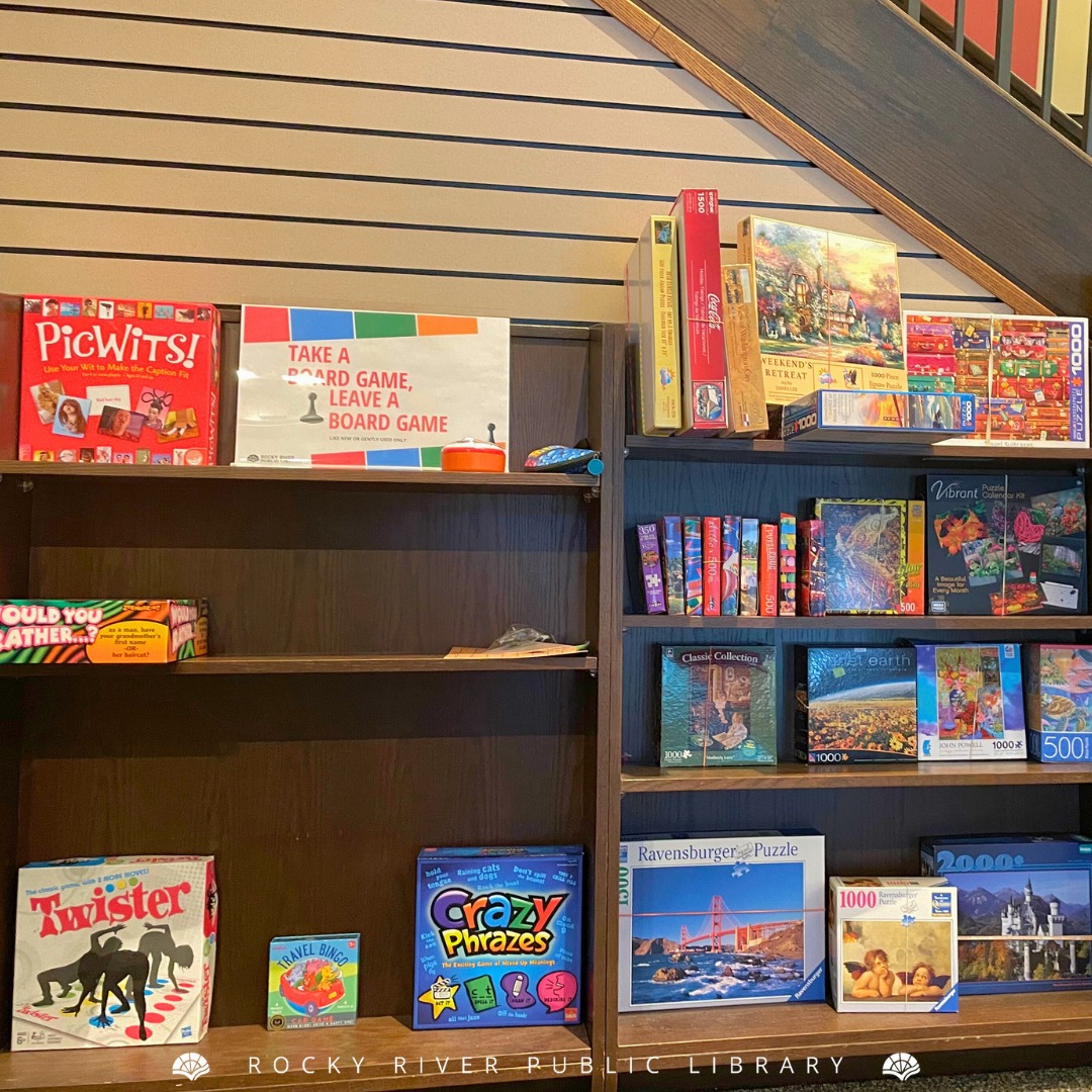 Wooden shelves filled with board games and colorful books indoors