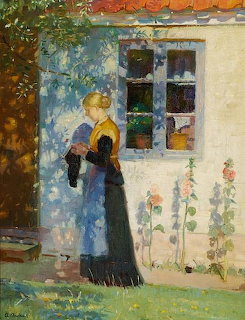 Impressionist painting of young woman in apron holding knitting by cottage window with flowers