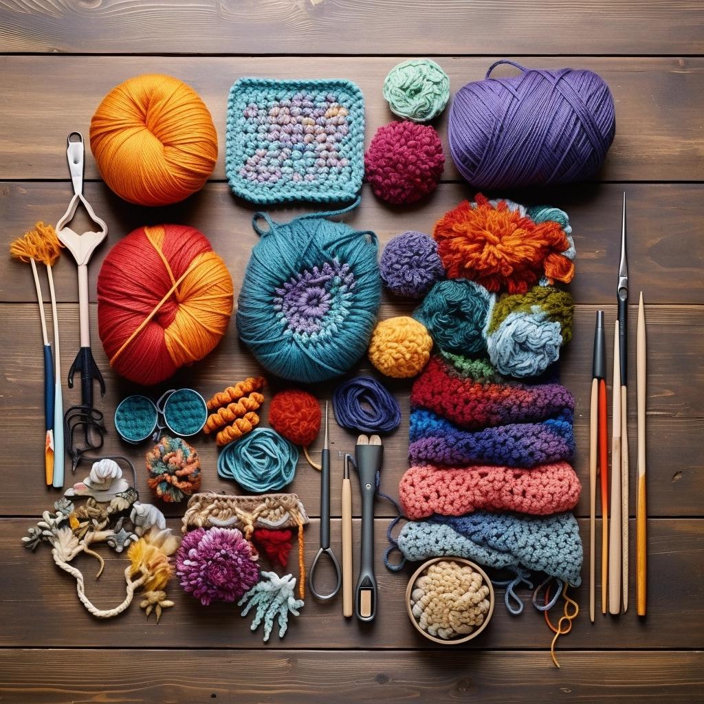 Overhead view of colorful yarn, crochet hooks, and handmade textile crafts arranged on wood