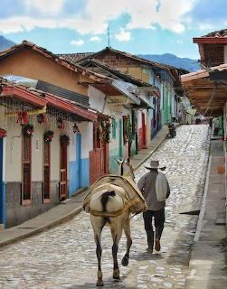 Man leading a horse down a cobblestone street in a colorful Latin American village