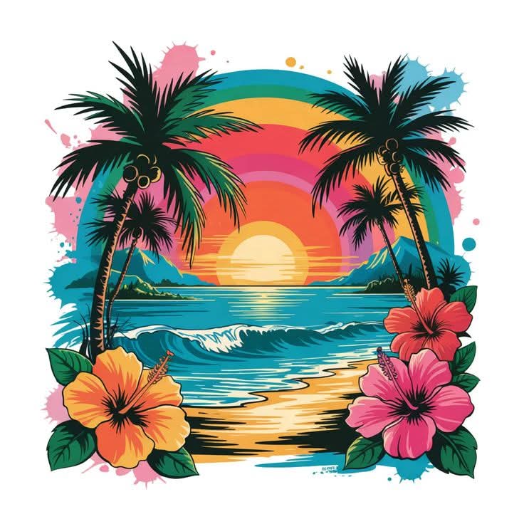 Tropical beach sunset with palm trees, ocean waves, and colorful hibiscus flowers