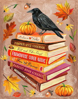 Illustration of a black crow sitting on a stack of autumn-themed books surrounded by fall leaves and pumpkins