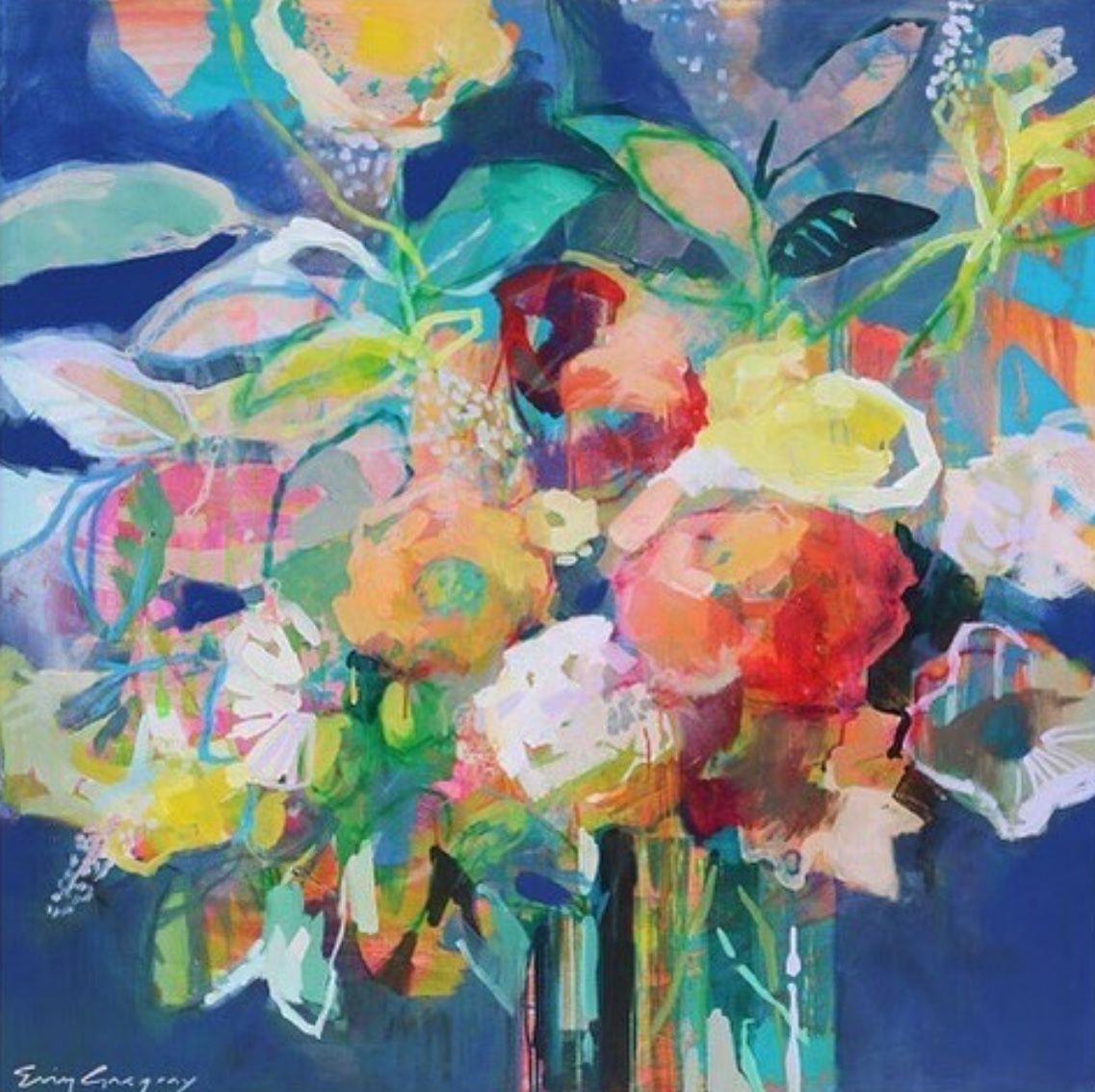 Abstract painting of a colorful flower bouquet in a vase against a blue background